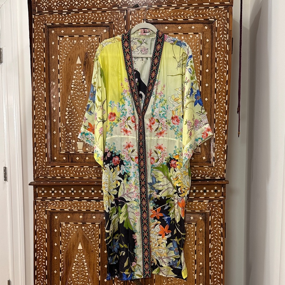 Johnny Was Silk Floral Kimono with Embroidery